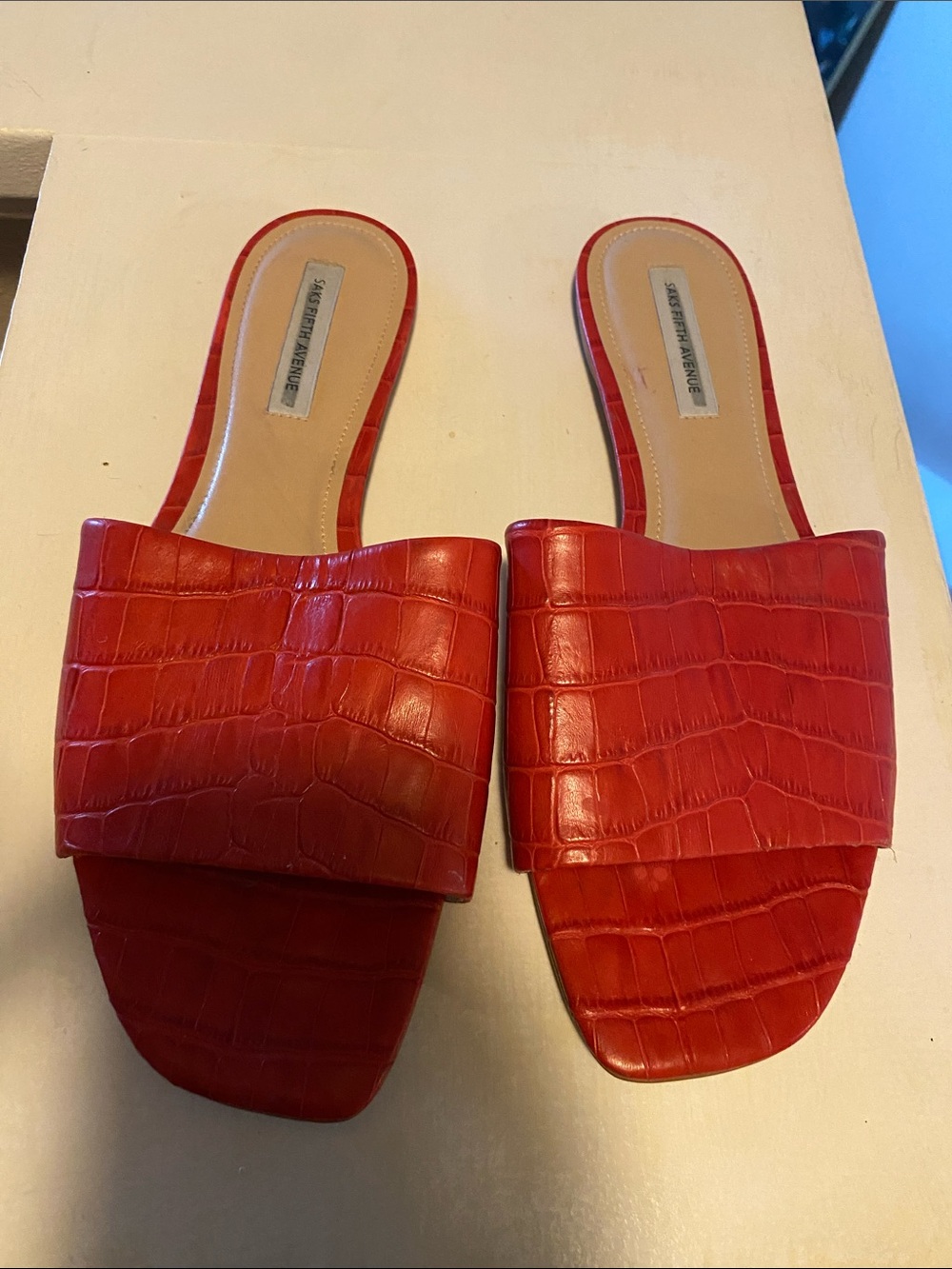 Saks Fifth Avenue Red Croc-Embossed Slide Mules